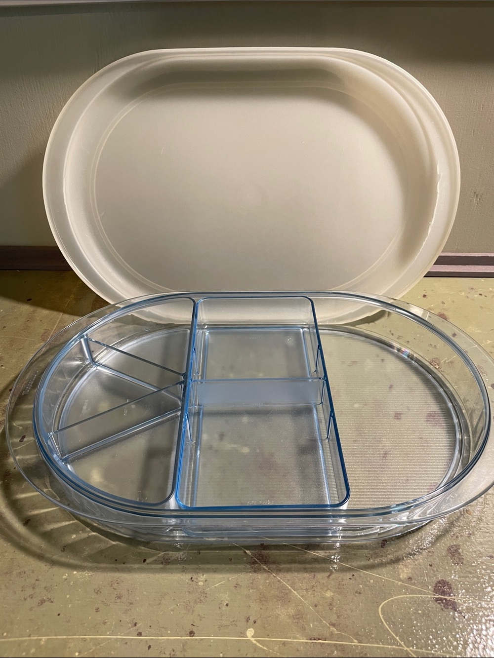 Tupperware Vintage Clear Plastic Divided Serving Tray - Blue Compartments